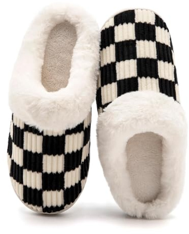 Waysoland Fuzzy Memory Foam Checkered Slippers - Men's & Women's Slip-Ons, Anti-Skid Sole, Cloud Comfort Indoor/Outdoor (Fluffy Black, 9/10 UK)