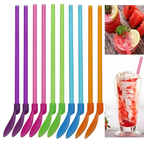 sunnates 10 PCS Plastic Straw Spoons Snow Cone Spoon Straws Detachable Straw Spoon Straw Spoons Reusable for Smoothies Milkshakes Cocktails Coffee and Hot Drinks (5 Color)