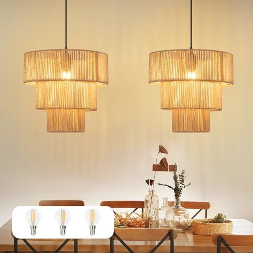 ZMH Hängelampe Esstisch LED Pendelleuchte: 2x Rattan Boho Hängeleuchte Schlafzimmer Ø35cm Esstischlampe Hängend Wohnzimmer E27 Pendellampe für Küche Flur Bar Resturant, 3x Glühbirne inklusive