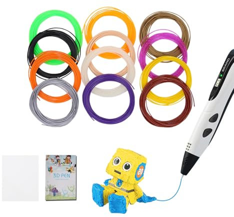 3D-Stift-Filament-Set, PLA-Filament-Nachfüllung (12 Farben, 10 Fuß für jede Farbe, insgesamt 120 Fuß), einschließlich: PLA 12 Farben 1,75 mm, 3D-Modellierungswerkzeug, Fingerschutz und Zeichenvorlage