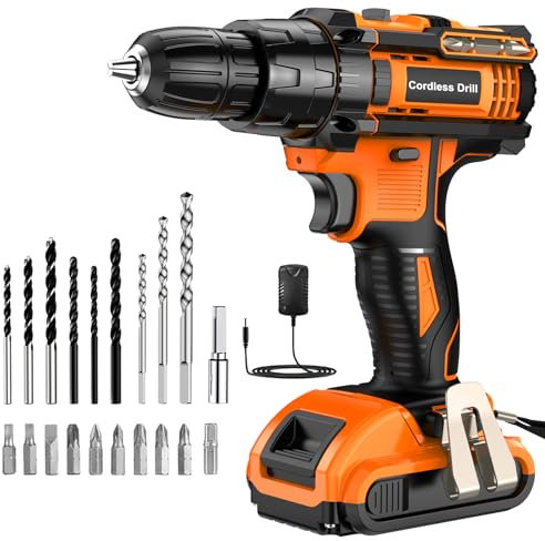 Trapano Avvitatore Batteria 21V, Avvitatore a Batteria con Batterie da 2.0Ah, 42N.m di Coppia, 2 Velocità, 25+3 Coppia, 22 Accessori, Luce a LED, Per il fai da te, in Casa e Giardino