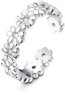 Ticome Sterling Silver Toe Rings for Women White Gold Plated Daisy Flower Stylish Toe Rings, Adjustable Summer Beach Foot Charm Jewelry