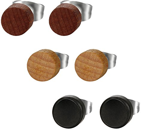 Flongo Holz Ohrstecker Ohrringe Damen Ohrschmuckset 6 Stück Stecker kleine runde fake tunnel Kaffee Braun Schwarz Fake Plug Piercing Ohrschmuck für Männer Frauen Herren