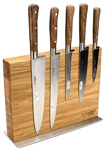 Laguiole en Aubrac - Messerblock aus Eiche - magnetisch - Kochmesser Set 5-teilig - Griff Walnuss Nussbaum - Geschmiedete Qualität