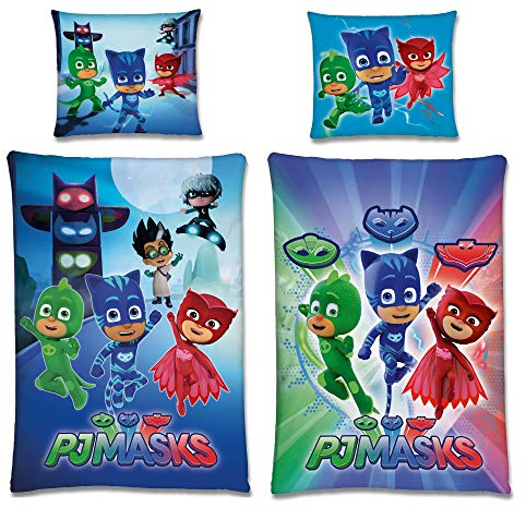 PJ Masks Linon Kinder-Bettwäsche Night Catboy Owlette Eulette Gekko Blau Grün Rot 135 x 200 + 80 x 80 cm 100% Baumwolle deutsche Größe 2 Motive Pyjamahelden Mask Wende-Bettwäsche Reißverschluss