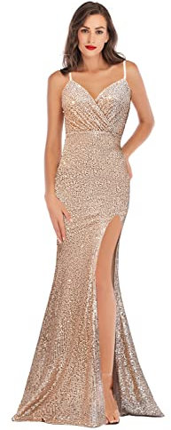 A ARFAR Prom Dress for Women Sphagetti Strap Sequin Party Dress Sexy Split Women's V-neck Formal Maxi Dresses Summer, Rose Gold, XXL