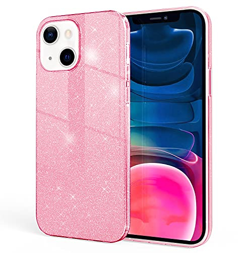 NALIA Rugged Glitter Cover compatible with iPhone 13 Mini Case, Shockproof Shiny Sparkly Hybrid Reinforced Silicone Phonecase, Sturdy Diamond Coverage Bling Mobile Phone Back Protector, Color:Pink