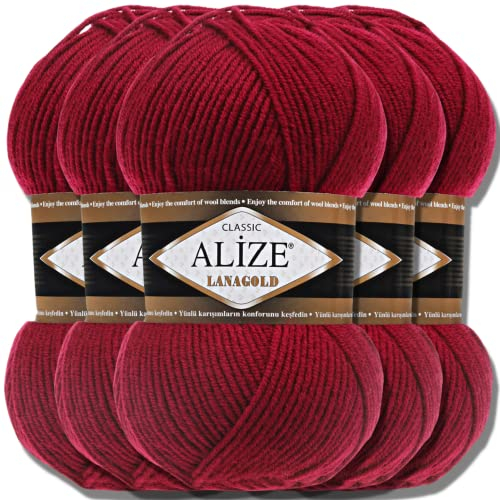 Alize 5 x 100g Lanagold Classic Türkische Premium Wolle Baumwolle und Acryl Uni Handstrickgarne | Yarn | Garn | Strickgarn Einfarbig Baby zum Häkeln Stricken Kleidung Schals (Cherry | 390)
