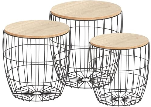 Ribelli Metalltisch schwarz – Holzplatte auf stabilem Metallgestell – Nachttich Beistelltisch ideal für Wohnzimmer, Schlafzimmer, Büro und Co. – Zwei Tische im Set (3er Set Braune Platte Rund)