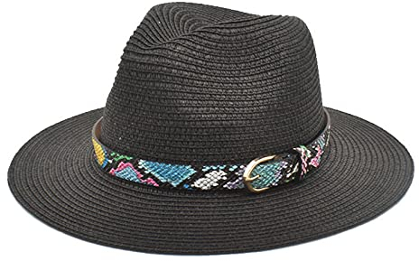 PAIDAXING Damen Sommerhut Unisex-Retro-Western-Cowboy-Reithut für Erwachsene, Ledergürtel, breite Kappe, Strohhut Cap Bedrucken (Black, One Size)