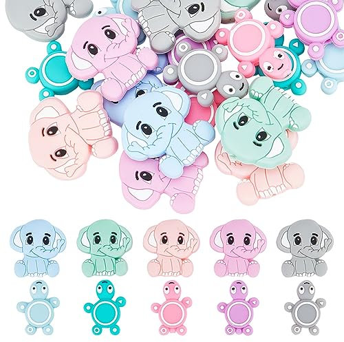 arricraft 20 Pcs 2 Styles Tortue Éléphant Perles de Silicone, Perles Animales Colorées Perles en Vrac en Silicone Perles Entretoises pour Porte-Clés Lanière Bijoux Bricolage Artisanat Faisant