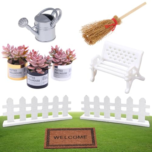 NOCHME Miniatur Wichtel Zubehör, 9-teilige Feen Miniatur Puppenhaus Deko Wichteltür Zaun Enthält simulierte Mini-Pflanzen Dekoration für Garten Gartenhaus Deko