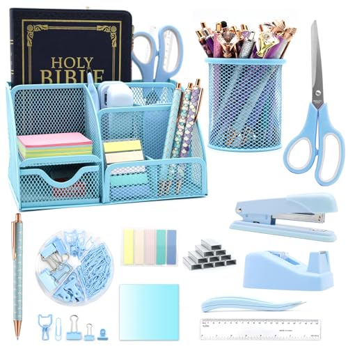 12-in-1 blaues Schreibtisch-Organizer- und Zubehör-Set, blaues Bürozubehör, blauer Hefter, Stifthalter, Klebebandhalter, Heftklammern, Klammerentferner für Schule, Geschenke für Kollegen, Frau