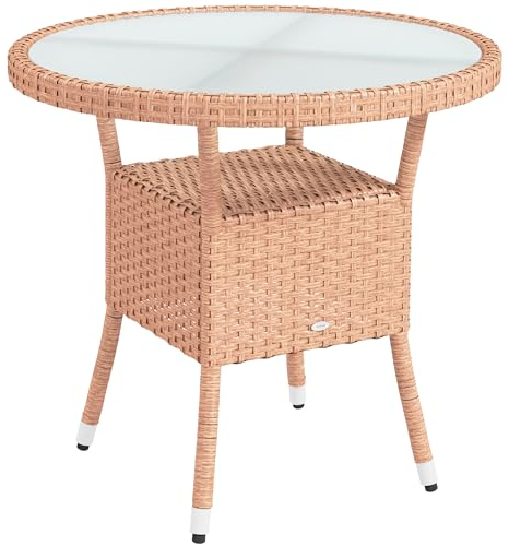 Outsunny Mesa de Ratán Redonda Ø80x75 cm Mesa de Jardín con Estante Tablero de Vidrio y Marco de Acero Carga 50 kg para Terraza Patio Natural