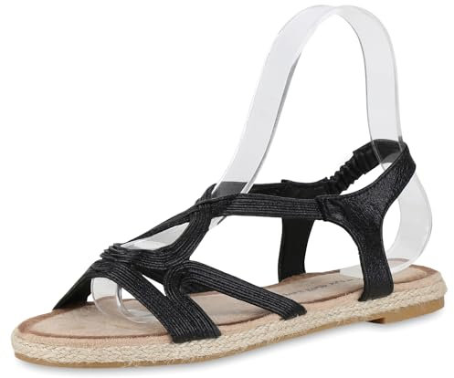 VAN HILL Damen Riemchensandalen Flach Bast Trendy Schuhe 214361 Schwarz 39