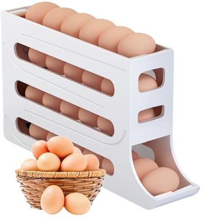 Portauova per frigorifero, dispenser automatico di uova per frigorifero, dispenser per uova a 4 strati, per frigorifero, 28 uova, vassoio contenitore per uova di grande capacità (bianco)