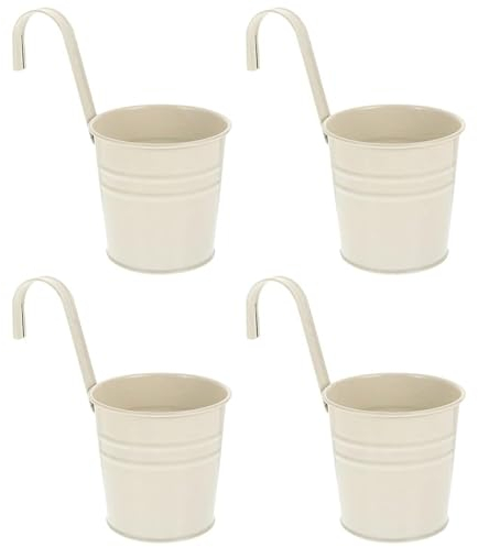 Wensmy 4PCS Metal Hanging Plant Flower Pots with Drainage Hole Fence Balcony Railing Planters Outdoor Garden Pots with Detachable Hooks (Milk White)
