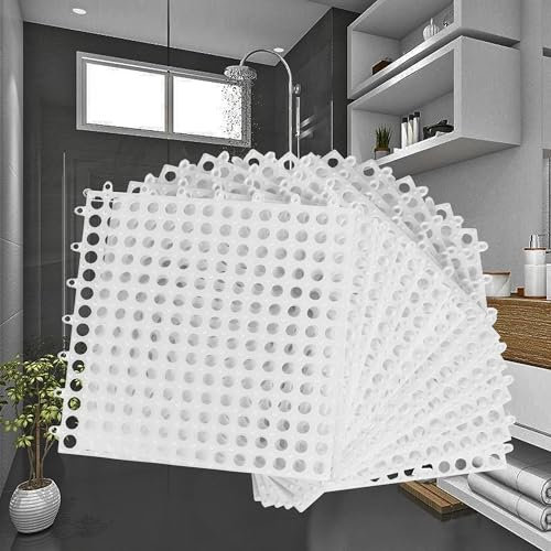 12 Pack 12 x 12 Interlocking Floor Tiles with Drain Holes, Soft PVC Non Slip Shower Floor Mat Modular Interlocking Cushion Mat for Bathroom, Drain, Pool, Patio, Balcony, Kennel, White