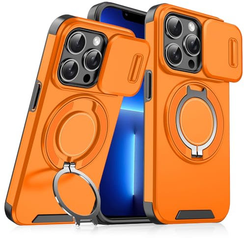 Dqtaoply for iPhone 13 Pro Max case, with Ring Holder sliding camera protector Cover Silicone Absorbs shock Protection Heavy duty Armor Magnetic phone case for iPhone 13 Pro Max Orange