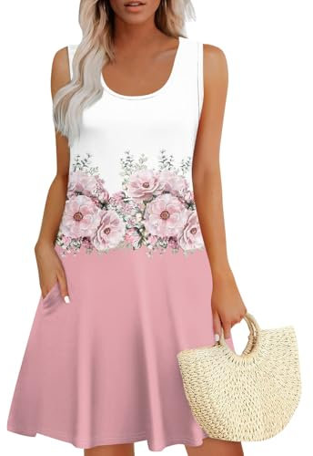 DHYUEN Langarm Kleid Damen Sommer Slim Fit Strandkleid Shirtkleid Damen Spaghettiträger Mit Taschen Kleid Pailletten Damen Sommerkleid Leichte Off Shoulder Kleid Partykleid Damen（3-Pink，M）