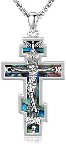 DAYLINLOVE Orthodoxe Kreuz Kette 925 Sterling Silber Kruzifix Abalone Muschel Anhänger Halskette Christliches Religiöses Amulett katholisch Schmuck Geschenk für Damen Herren