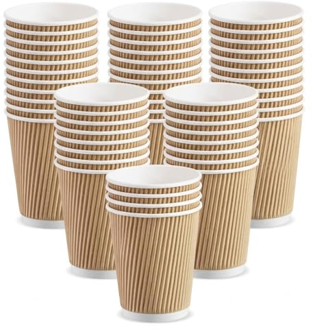 Tezraftaar® 50 x Kraft Coffee Paper Cups 8oz (236ml) Ripple Design Insulated Cup for Espresso Tea Cappuccino Coffee Catering Office Events