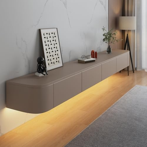 Aipunlus Wall Mounted TV Unit, Floating TV Stand Cabinet, Khaki Floating TV Cabinet with Doors in Media Wall Unit, Entertainment Storage TV Console for Living Room and Office (Khaki-LED, 240cm)