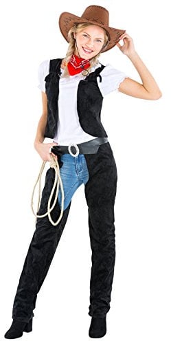 dressforfun tectake Frauenkostüm Cowgirl | Stretch- Shirt + Weste + Chap und Halstuch | Cowboy Sheriff Faschingskostüm (L | Nr. 300561)