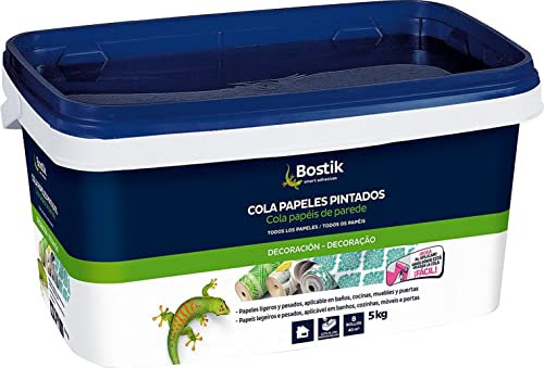 BOSTIK COLA PAPELES PINTADOS Rosa, Cola Papel Pintado Pared, Adhesivo para Empapelar, Acabado Final Transparente, Todo Tipo de Papeles Pintados, Resistente a la Humedad, Listo para Usar, Bote 5 kg
