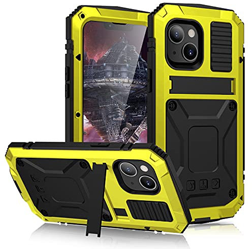 R-JUST Metal Case for iPhone 13 MiNi, Outdoor Heavy Duty Tough Armour Metal Military Case Built-in Screen Shockproof Dustproof Anti-Scratch Full Body Cover with Kickstand (iPhone 13 MiNi, Yellow)