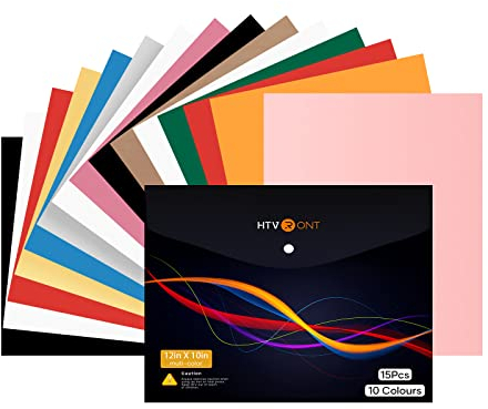 HTVRONB09QCWKXXXT Plotter Film Textile - 15 Sheets Flex Film 10 Colours Bonus One Teflon Sheet Flex Film Plotter Textile for T-Shirts (30.48 cm x 25.4 cm)