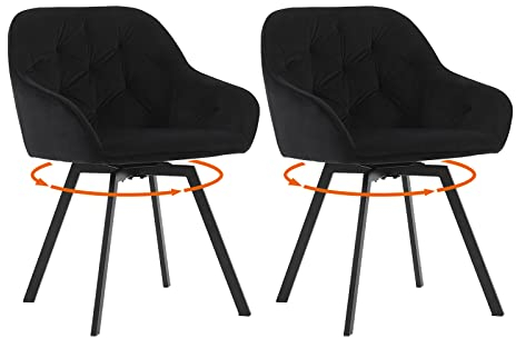 LEMROE Esszimmerstühle, 360° drehbar, Schwarz, Samt, gepolstert, Schreibtischstuhl, ohne Rollen, ergonomischer Bürostuhl mit Armlehnen und Metallbeinen, für Zuhause, Esszimmer, Tisch, Wohnzimmer,