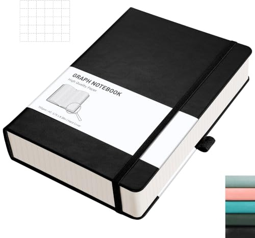 RETTACY A5 Graph Notebook, Leather Hardcover Journal, 320 Pages, Black | Notepad for Men Women, 100 GSM Thick Grid Paper, for School Planning Note Taking - 14.5 × 21 cm
