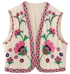 Yimoon Women's Vintage Floral Embroidered Vest Boho Casual Open Front Sleeveless Cardigan Waistcoat (Pink-L)