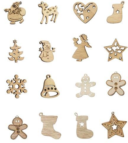 Small Wooden Christmas Ornaments, 190 Pcs Snowflake Heart Gingerbread Angel Star Tree Hanging Decorations for DIY Crafts Invitation Card Gift Tags