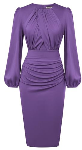 GRACE KARIN - Abito da donna a maniche lunghe, con scollo rotondo e incrocio sul davanti, arricciato, per le feste e le occasioni speciali, Viola scuro, S