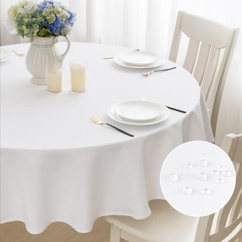 mosayt Tischdecke Abwaschbar Rund 100 cm Leinenoptik Tischtuch Lotuseffekt Leinendecke Weiß Fleckschutz Tischwäsche für Esszimmer, Garten, Hochzeiten, Outdoor