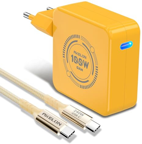 AKELON 100W USB C Caricatore GAN Tipo C Alimentatore PD3.0 Caricabatterie per MacBook Air, MacBook Pro, iPhone 15 14, iPad Pro, Galaxy S24 S23 Ultra, Chromebook, 2M USB C Câble (giallo)