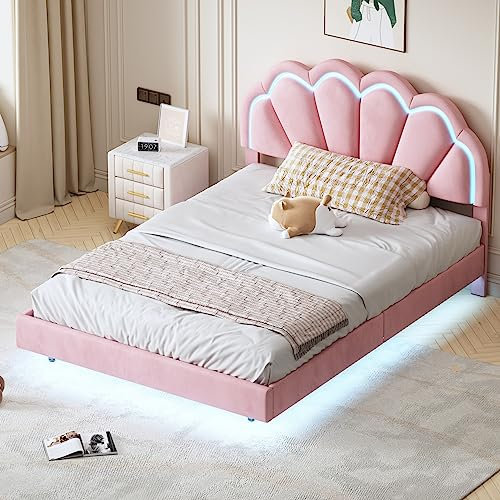 Goeria Letto imbottito, con struttura e luci a LED, letto matrimoniale in tessuto di velluto delicato sulla pelle (rosa, 140 x 200 cm)