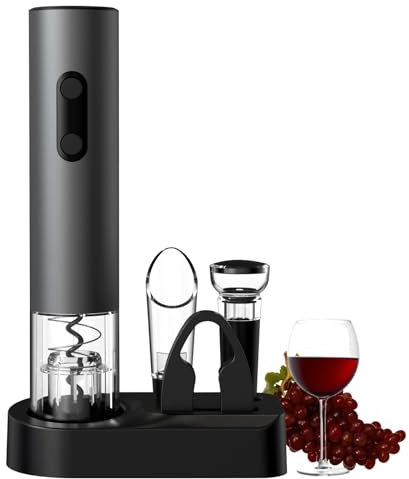COKUNST Electric Wine Opener, 4-in-1 Wine Bottle Opener Set with Base, Cordless Automatic Battery Operated Corkscrew with Foil Cutter, Pour, Vacuum Stoppers, Gift for Home Party, Staninless Steel
