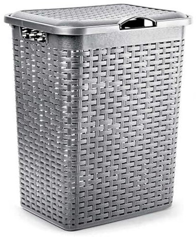 Acan Tradineur - Cesto Rattan para Ropa Sucia con Tapa, pongotodo de plástico con Asas, Cubo para Colada, imitación de Mimbre, Fabricado en España (Plata - 38 litros - 49 x 38,5 x 29,5 cm)