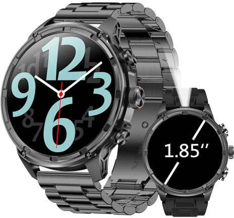 Militär Stahl Gear Smartwatch Herren, 1,85 AMOLED Display Smartwatch mit Telefonfunktion/LED Taschenlampe/750mAh Akku, 120+ Sportmodi Fitnessuhr mit Herzfrequenz SpO2 Schlafmonitor Android iOS