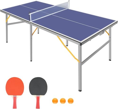 Tragbares Tischtennis, 1,8 x 0,9 m, mittelgroß, zusammenklappbar, für drinnen und draußen, Tischtennisspiel mit Netz, 2 Tennisschlägern und 3 Bällen für Erwachsene/Jugendliche