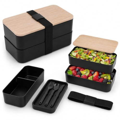 Hominas Lunchbox mit Fächern 1200 ml Auslaufsichere Brotdose Lunch Bento Box Japanisch mit 3 Teiligem Besteck für Erwachsene und Kinder, für die Arbeit Schule und Unterwegs