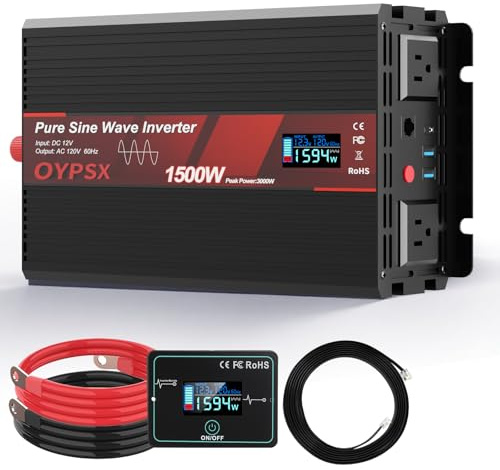 OYPSX 1500W Power Inverter 12V to 110V 120V AC Pure Sine Wave Inverter for RV Truck Camping,Outdoor Off-Grid Power Converter with LCD Display,Wired Controller,AC Outlets USB Ports (12V-1500Watt)