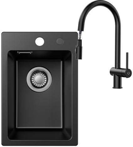 Fregadero de cocina de granito, 30 x 45 cm, negro, pequeño fregadero con grifo de cocina extensible, rotación de 360°, grifo de doble chorro para armario bajo a partir de 30 cm