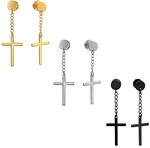 Flongo 3 Paar Kreuz Ohrringe Set aus Edelstahl fake tunnel plugs Gestüt mit färbig Kreuz Anhänger für Damen Herren Männer Ohrstecker Hängendes Kreuz Ohrschmuck Geschenk