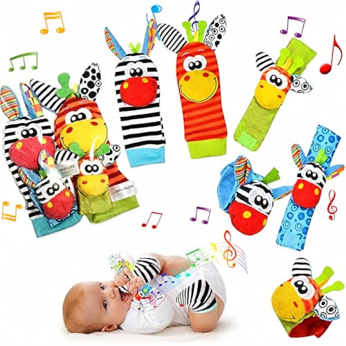 Lot de 4 hochets de poignet pour bébé - Jouets de développement pour bébés - Cadeaux pour nouveau-né - Filles garçons et filles de 0 à 9 mois