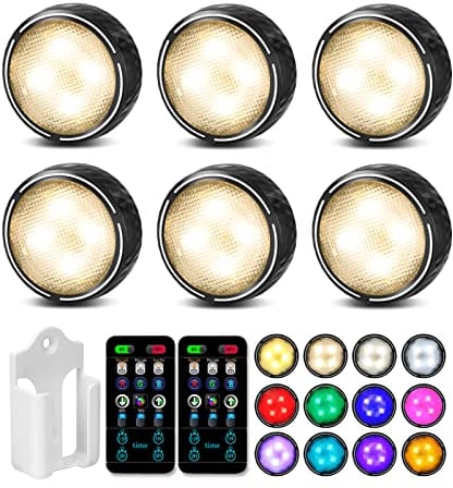 Onumii Under Cupboard Kitchen Lights Battery Operated LED Under Cabinet Lighting, Stick on Wardrobe Lights Under Counter with Remote Control, RGB Puck Light, 6 Pack - Black