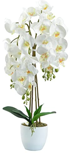 DIXIE STORE Plante Artificielle Orchidée | Orchidée Artificielle en Pot, Comme La Vraie, 70 Cm, 4 Branches, Nombreuses Fleurs, Dense, Blanche
